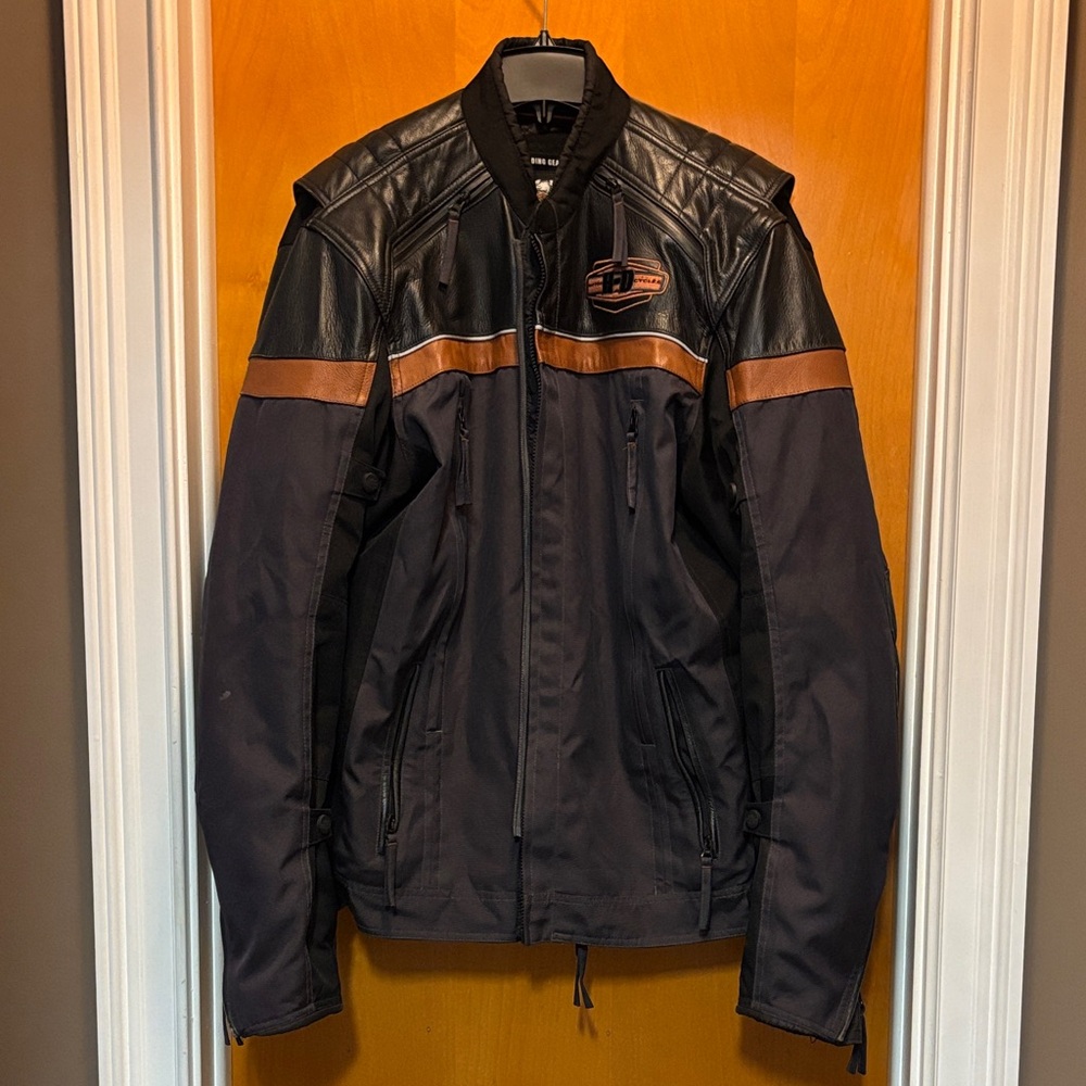 Harley-Davidson mixed media leather and poly Riding Jacket.